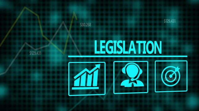 A Legislation business concept on a flashing computer monitor with moving graphs and data.