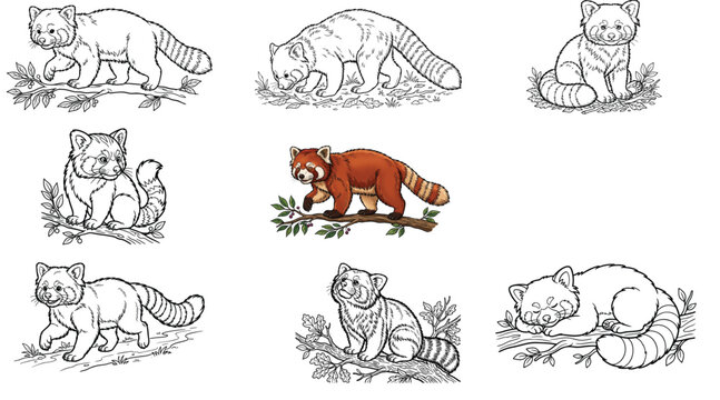 Red panda vector illustration set. Collection of cute line art and colored red panda characters in various poses&mdash;walking on branches, sitting, sniffing, and sleeping. Isolated on white.