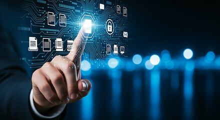 Fototapeta premium Person touching a digital screen showing document management and security icons with glowing blue lines and data