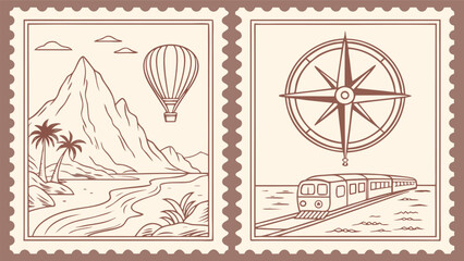 Obraz premium Travel stamp collection featuring hot air balloon above tropical landscape and navigational compass with train