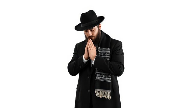 A man wears traditional Jewish and Hasidic attire against a white backdrop.