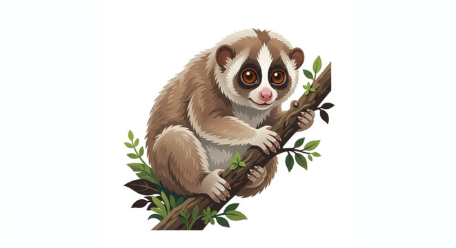 Cute Slow Loris Hanging on a Tree Branch Isolated on White Background
