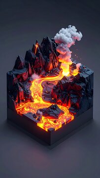 A 3D rendering of a burning, rocky landscape