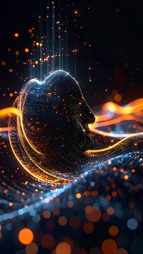 A digital artwork depicting a human head in profile with a futuristic, neon-lit background
