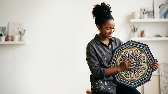 Smiling black woman artist holding a finished mosaic in her studio