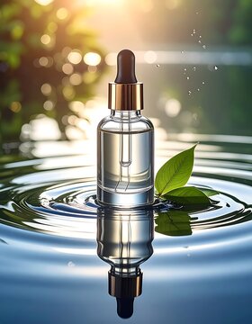 A glass dropper bottle with clear liquid and leaves in water