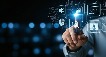 Obraz premium Business person touching digital interface with futuristic icons for data analytics and management