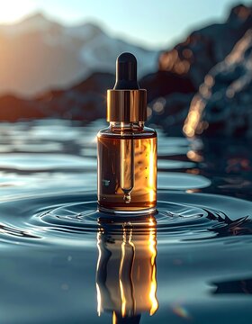 A golden dropper bottle on rippled water surface with mountains