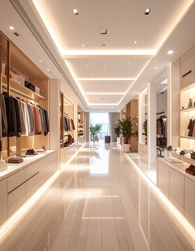 A long, brightly lit clothing store hallway with modern fixtures