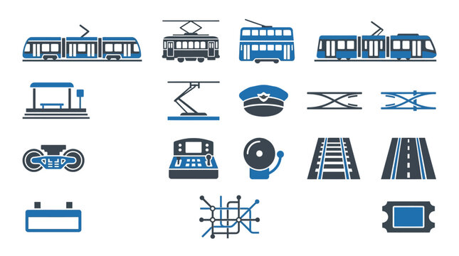 Blue and grey vector icons of public tram transportation