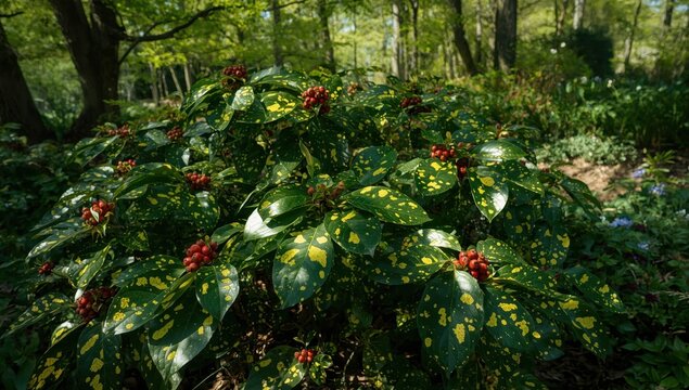 Aucuba japonica, known as spotted laurel or gold dust.