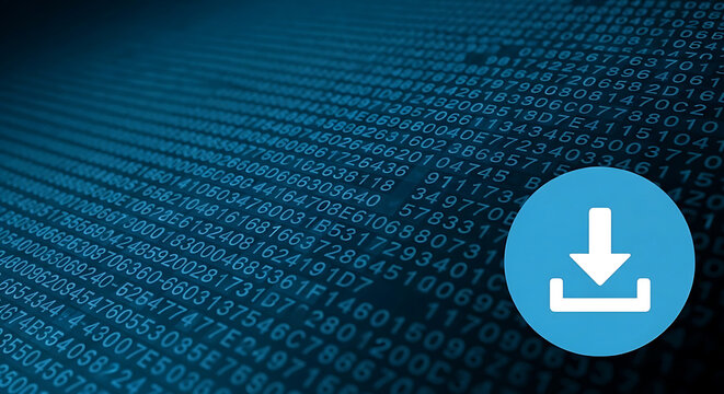 Blue download icon button on a digital computer code background representing data transfer