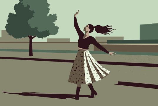 Cheerful and joyful young woman dancing and spinning in an outdoor urban park with a large green tree in the background.