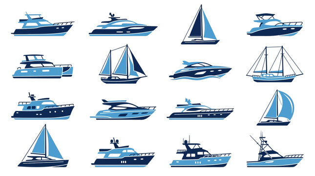 Set of blue and white yacht and sailboat vector icons
