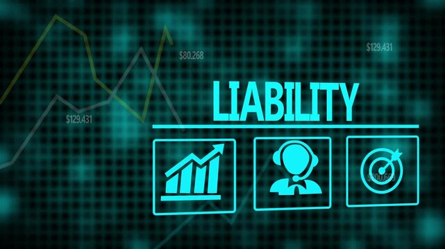 A Liability business concept on a flashing computer monitor with moving graphs and data.