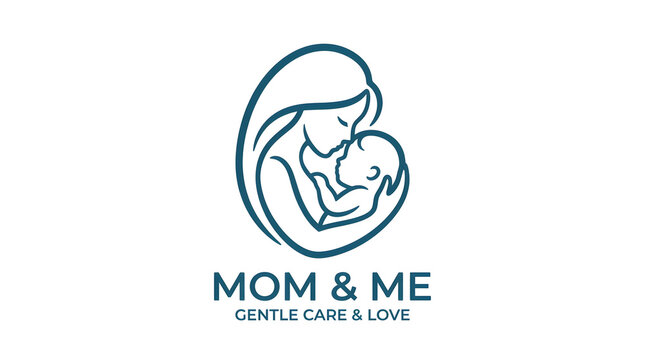 Minimalist line art logo design representing a mother cradling her baby with gentle care