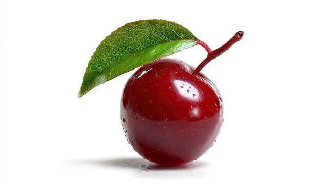 Close up of a single ripe cherry fruit with green leaf and stem isolated