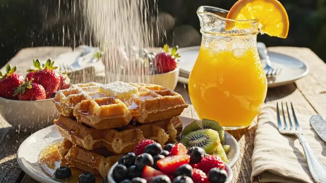 Morning breakfast scene with waffles, berries, and orange juice, featuring powdered sugar sprinkling