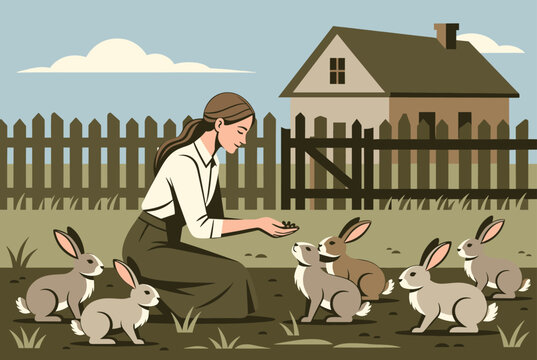 Kind woman kneeling in a garden to feed a group of cute rabbits near a rustic wooden fence and a farmhouse.