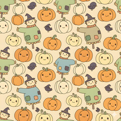 Fototapeta premium seamless pattern of smiling pumpkins of various shapes, a cute cartoon scarecrow
