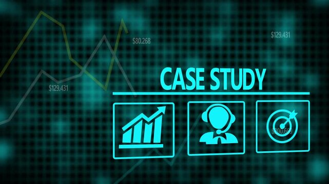 Case Study business concept on a flashing computer monitor with moving graphs and data.