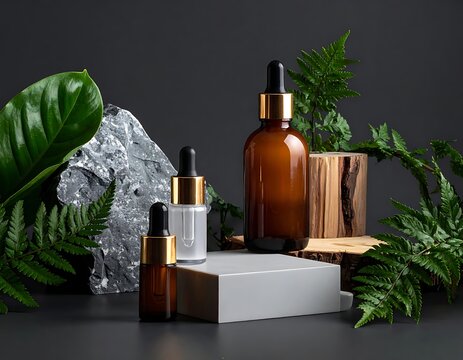 A serene still life arrangement featuring glass bottles surrounded by lush greenery and natural elements on a minimalist dark background