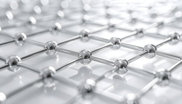 Metallic lattice structure with connected silver spheres, abstract background of nanotechnology and molecular bonding