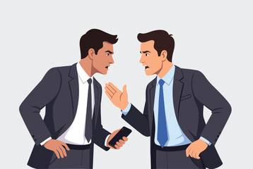 Fototapeta premium Two professional businessmen in suits engaging in an intense and heated argument or disagreement while holding a smartphone.
