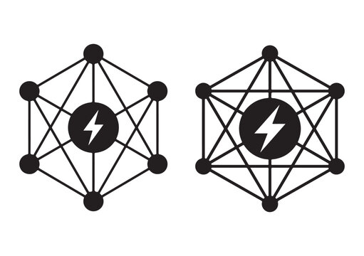 High quality smart energy network icon collection featuring connected grid nodes, geometric network structures, lightning bolt energy symbols, and editable vector paths. Ideal for smart grid technolog
