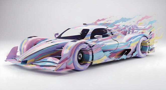 Futuristic High-Performance Hypercar Featuring Abstract Fluid Paint Splatter Art Design and Dynamic Aerodynamic Contours for Modern Automotive Innovation Concept