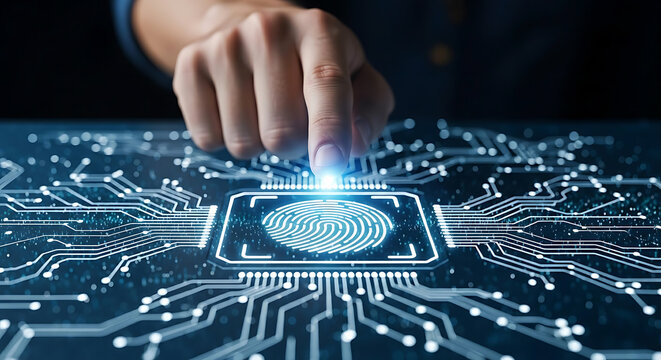 Finger touching a digital fingerprint scanner on a glowing blue computer circuit board chip