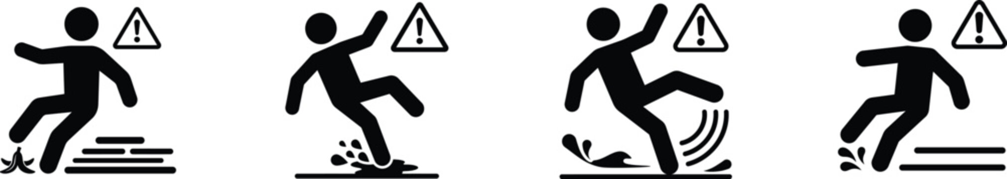 Set of caution icons representing slip trip and fall hazards on wet or slippery surfaces