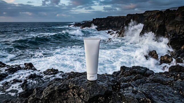 Blank white skincare cream tube mockup on a rocky volcanic ocean shore.