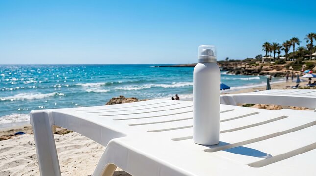 Blank white sunscreen bottle on a sun lounger at a sunny beach.