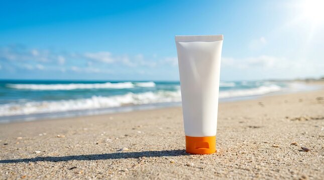 Blank white sunscreen lotion tube on a sunny sandy beach.