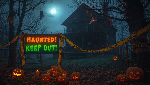 Caution! Do Not Enter! Spooky decorations. Warning signs. Halloween scare zone.