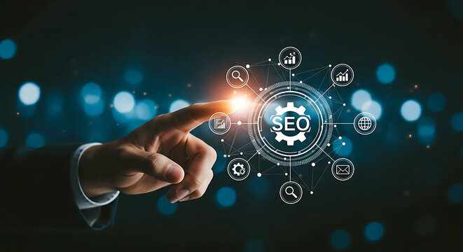 Businessman hand touching digital seo search engine optimization icon on dark glowing background