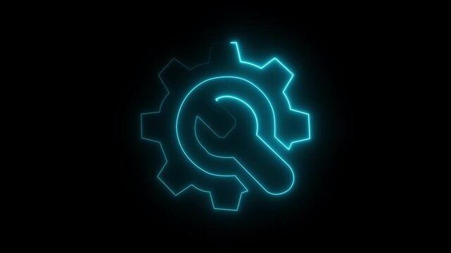 neon gear and wrench icon animation on black background representing service. Neon gear and wrench repair icon glowing animation loop on black background