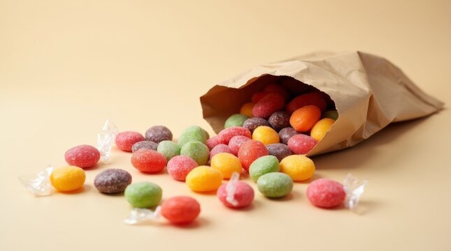 Colorful fruit candies spilling out of a paper bag.