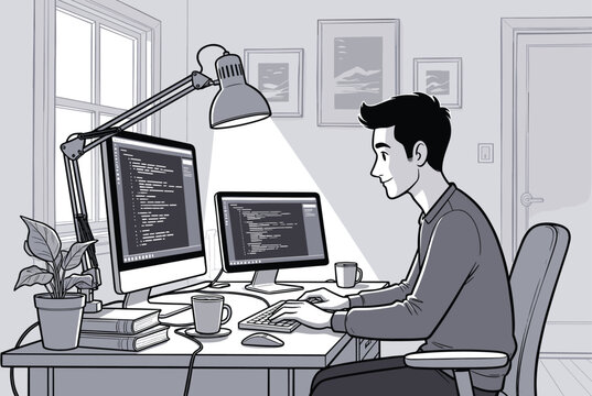 Software developer sitting at a desk and writing code on two computer monitors in a detailed black and white illustration.