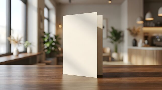 Blank Bi Fold Card Mockup Standing on Wooden Table in Modern Cafe Interior