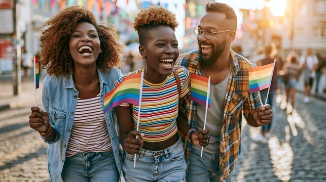 Three diverse cheerful friends walking together holding small rainbow flags at a festival