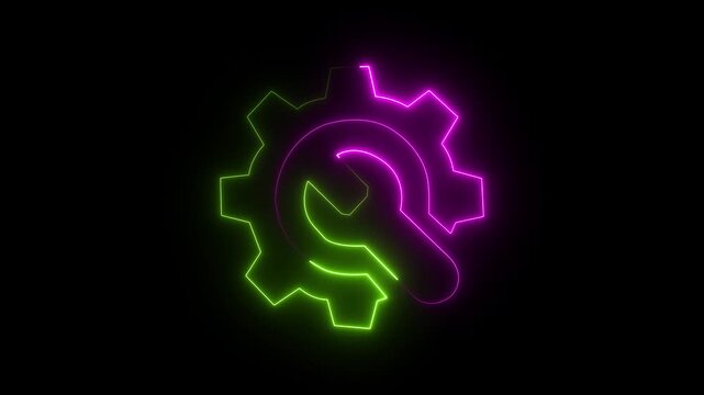 neon gear and wrench icon animation on black background representing service. Neon gear and wrench repair icon glowing animation loop on black background