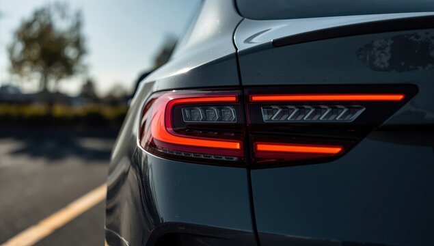 Close-up of a contemporary car's LED tail light in an outdoor lot.