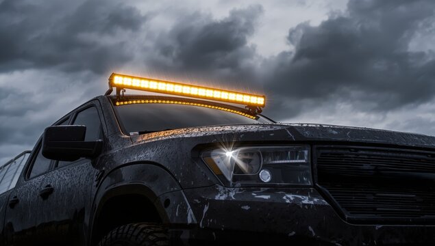Close-up of a lit off-road vehicle light bar on a cloudy day.