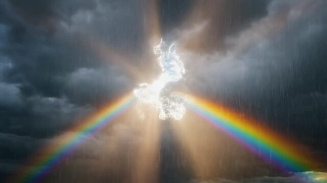 Vibrant rainbow appears in stormy sky.