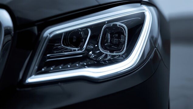 Closeup of a luxurious car's LED headlight.