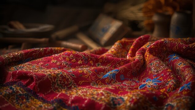 Embroidered fabric. Nakshi kantha technique. West Bengal handicraft, India.