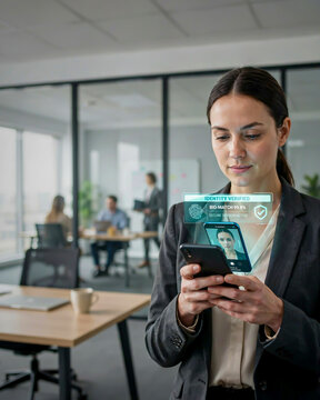 Woman in office setting uses smartphone with facial recognition technology interface.