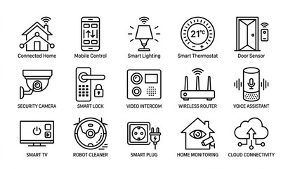 Fototapeta premium Minimal black and white smart home icon pack with IoT devices security and automation symbols vector isolated on white background